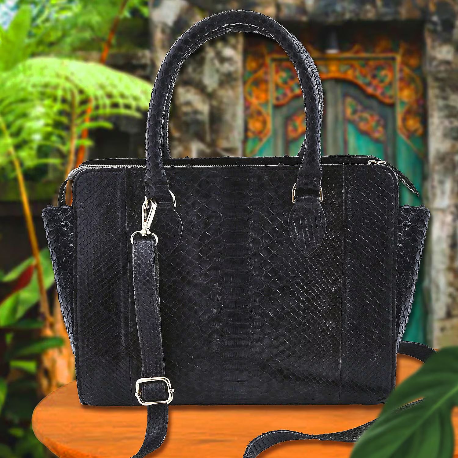 Black Embossed Textured Structured Tote Bag with Dual Handles and Adjustable Strap