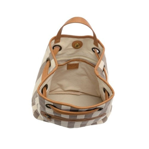 Taupe and Cream Striped Drawstring Backpack with Tan Accents and Multi-Pocket Storage