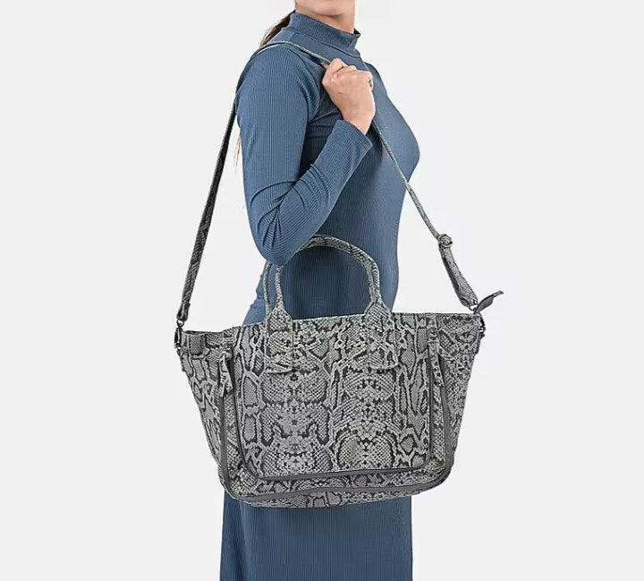 Gray Python-Print Expandable Tote Bag with Adjustable Strap