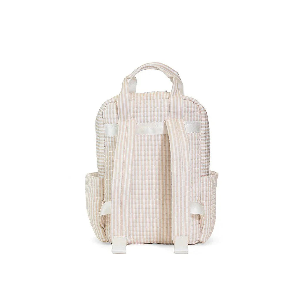 Beige and White Quilted Striped Backpack with Multiple Pockets and Adjustable Straps
