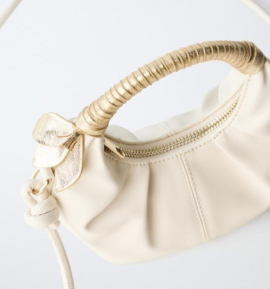 Cream Gathered Mini Bag with Metallic-Wrapped Handle and Detachable Strap