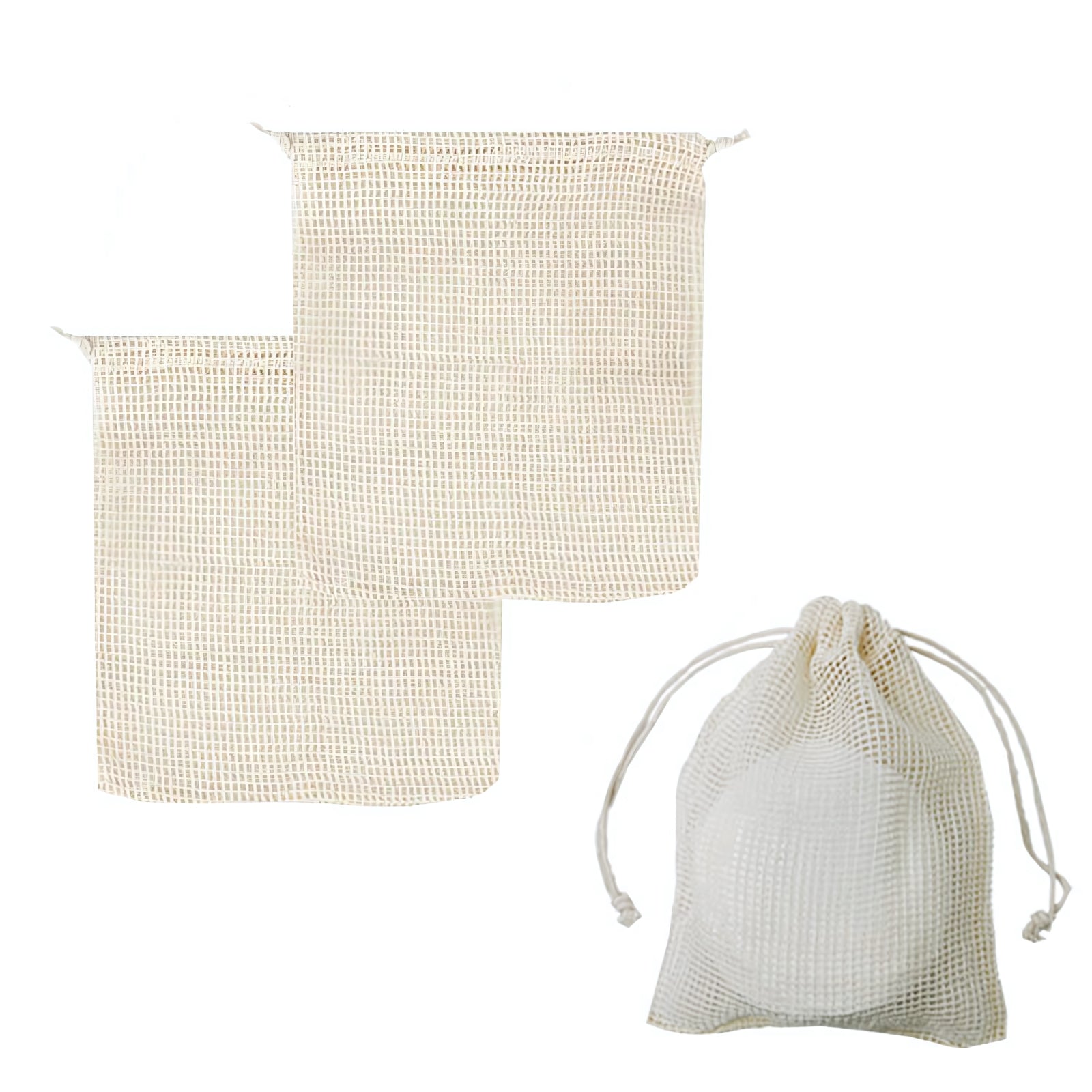 Natural Cotton Mesh Drawstring Bags in Assorted Sizes for Multi-Purpose Organization 6 Pack 2Lx2Mx2S