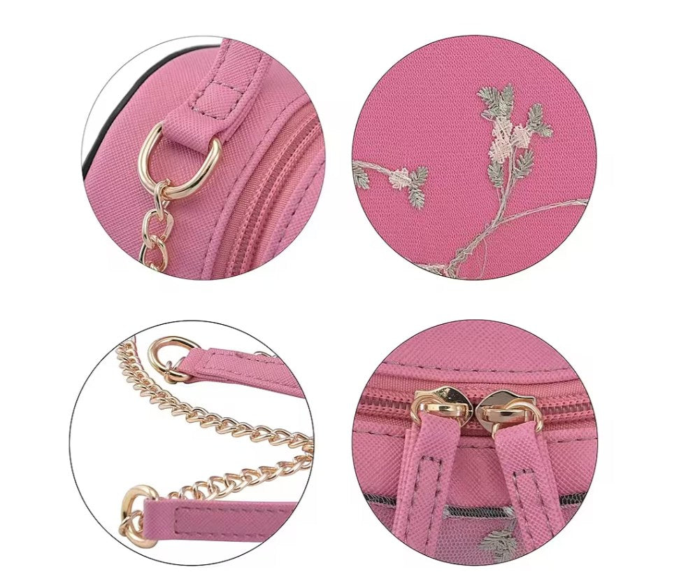 Pink Floral Embroidered Heart-Shaped Bag with Gold Chain Strap and Top Handle