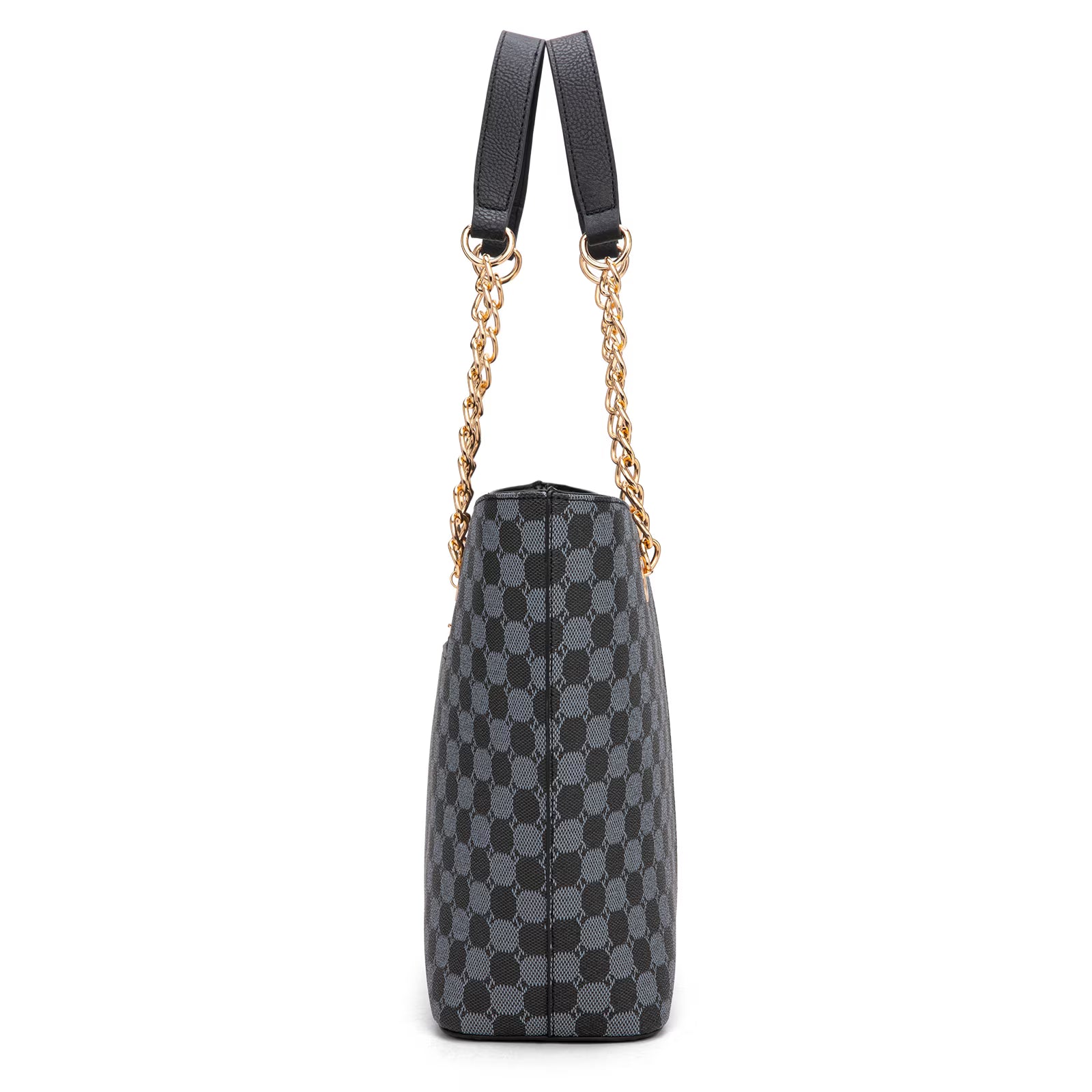 Black & Gray Checkered Tote Bag with Gold Chain Handle and Vertical Stripes