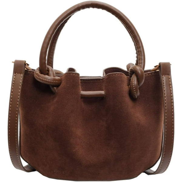 Brown Suede-Textured Bucket Bag Knotted Handles and Detachable Strap