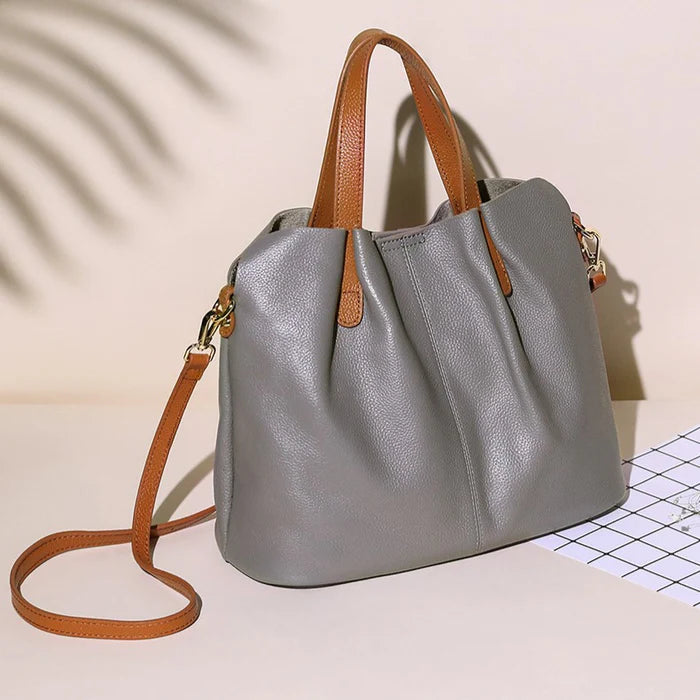 Gray Tan Contrast Medium Tote Bag Gathered Silhouette Dual Carry Options
