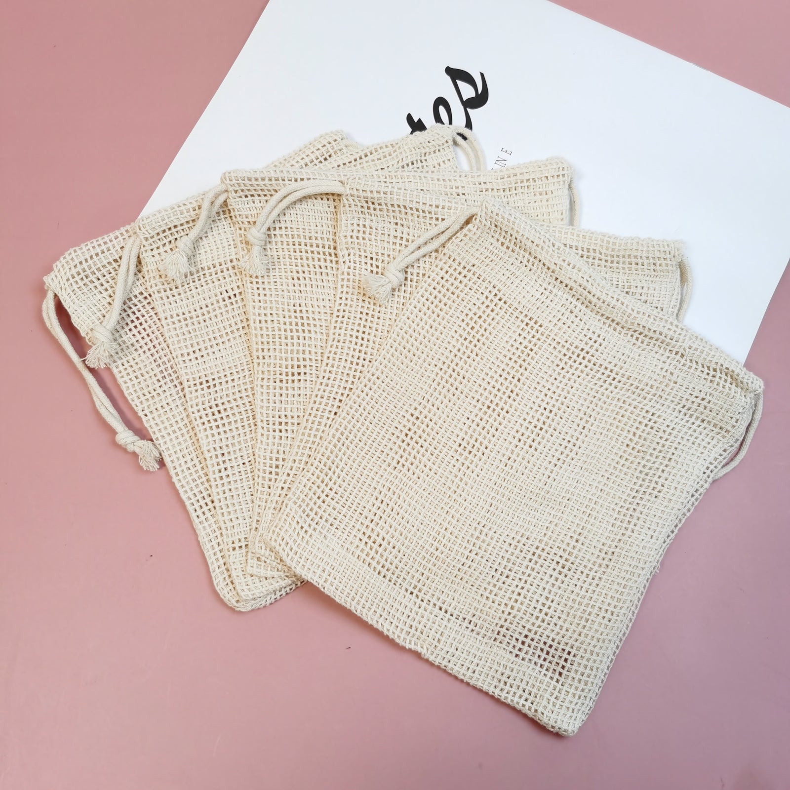 Natural Cotton Mesh Drawstring Bags in Assorted Sizes for Multi-Purpose Organization 6 Pack 2Lx2Mx2S