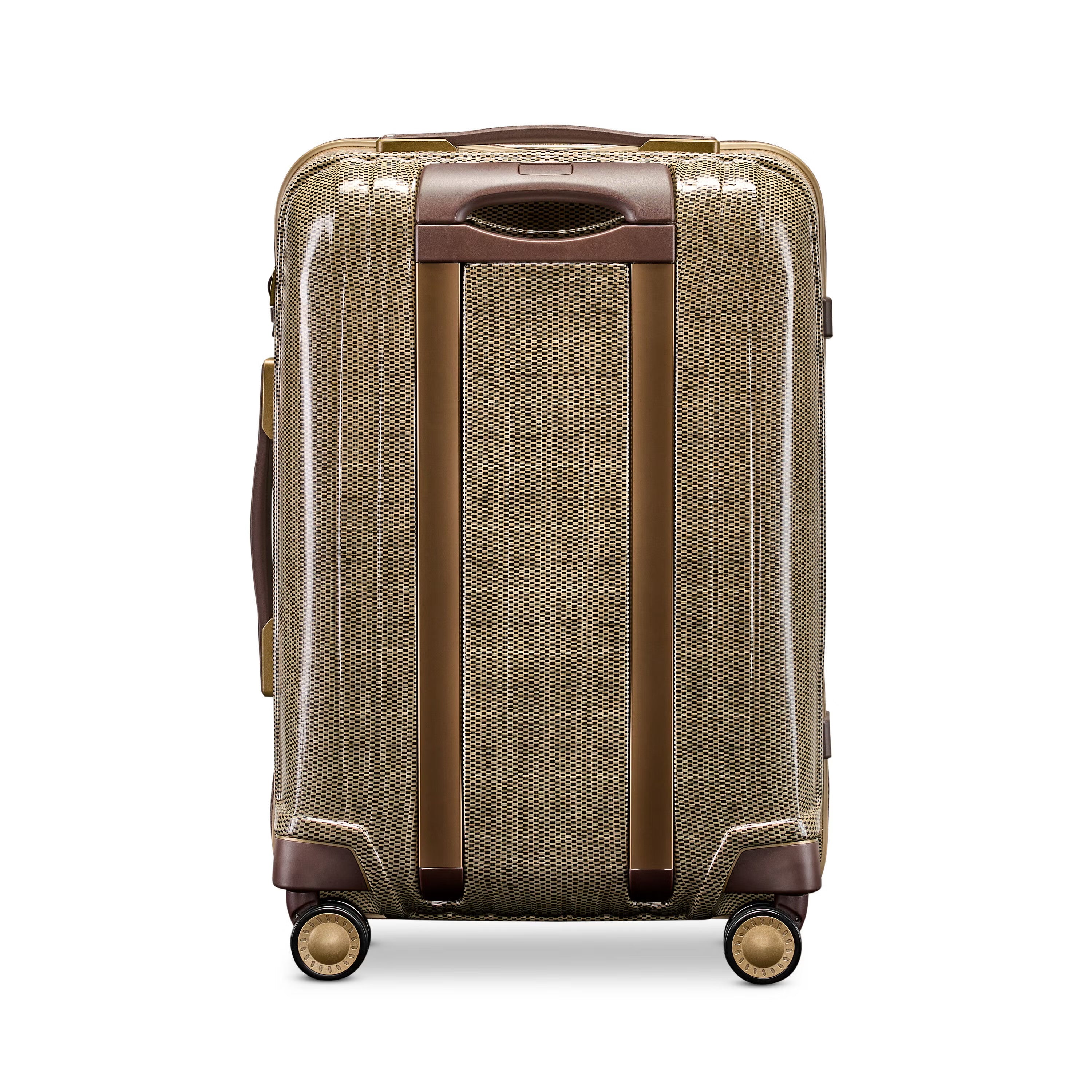 Textured Neutral-Tone Carry-On Suitcase with Brown Accents and Polished Hardware