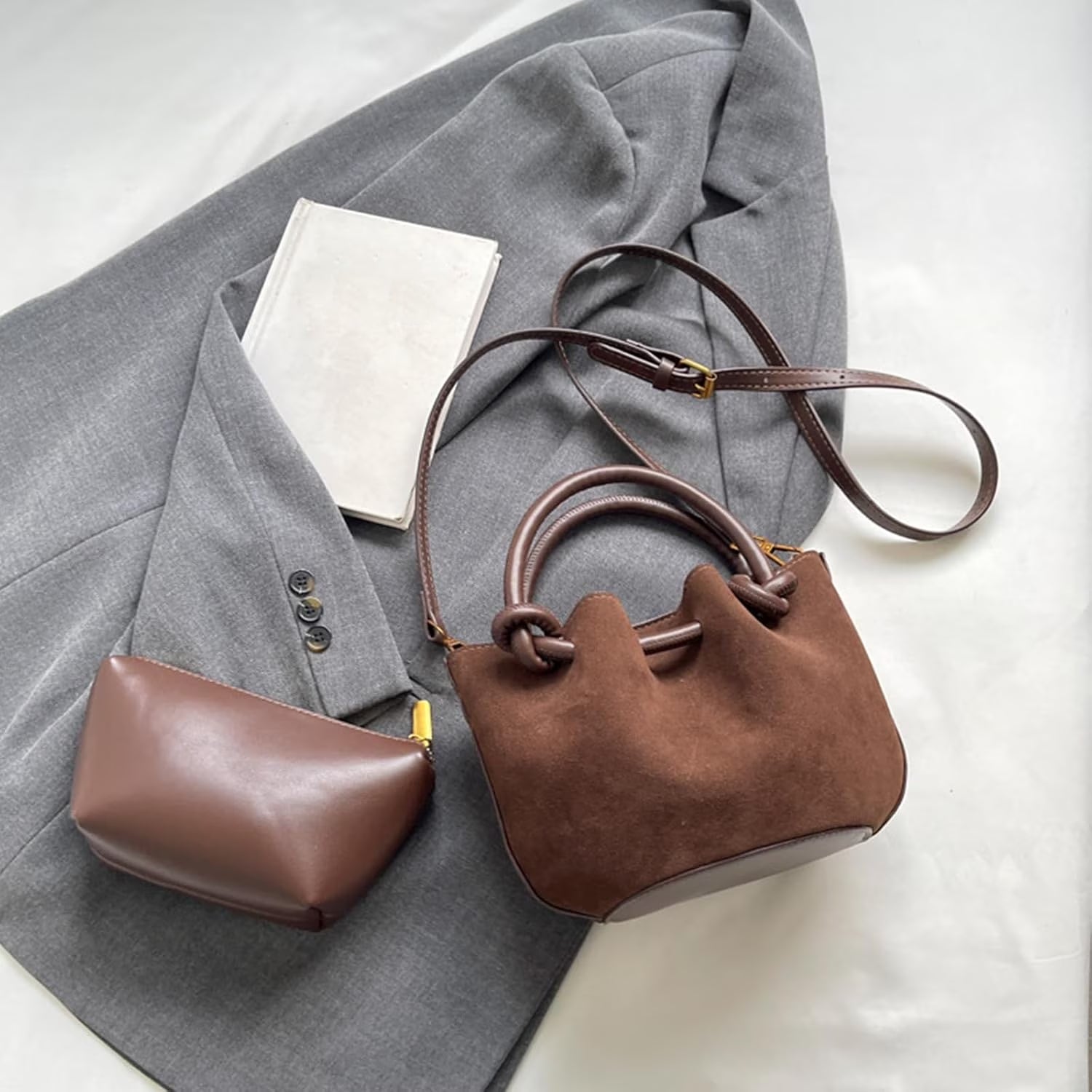 Brown Suede-Textured Bucket Bag Knotted Handles and Detachable Strap