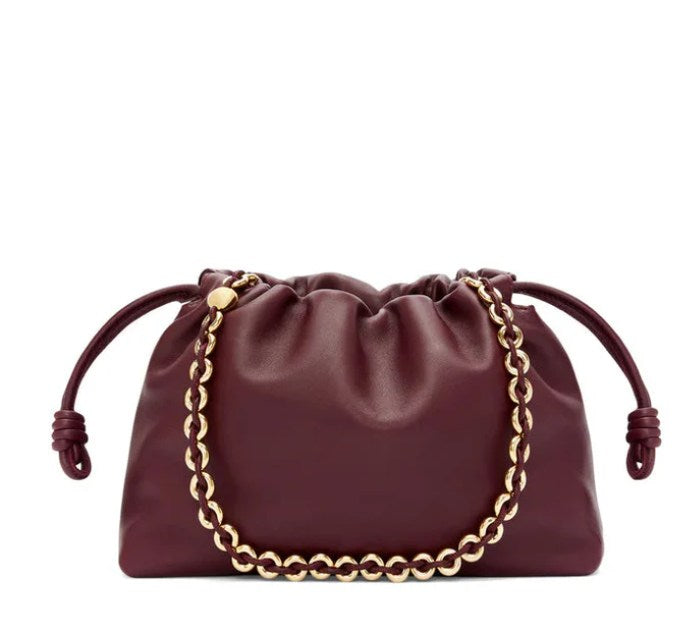 Burgundy Ruched Pouch Bag with Gold-Tone Chain Strap and Knotted Drawstring Detail