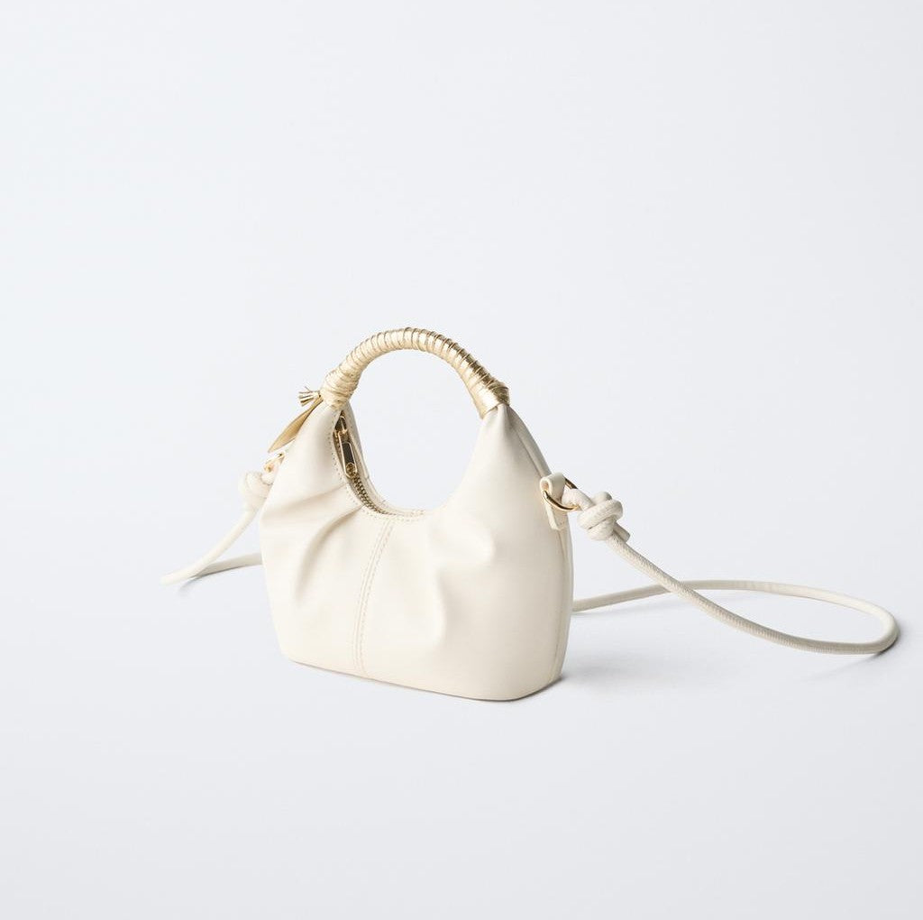 Cream Gathered Mini Bag with Metallic-Wrapped Handle and Detachable Strap
