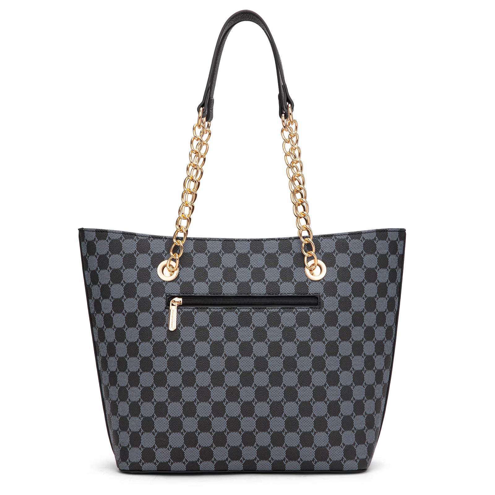 Black & Gray Checkered Tote Bag with Gold Chain Handle and Vertical Stripes