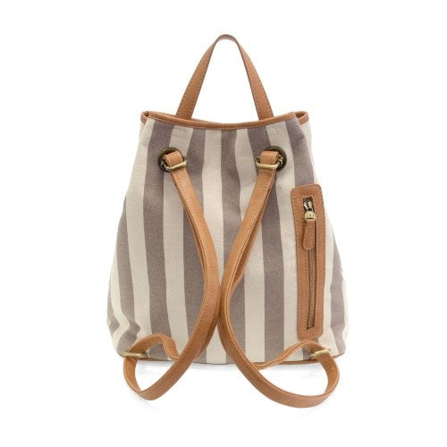 Taupe and Cream Striped Drawstring Backpack with Tan Accents and Multi-Pocket Storage