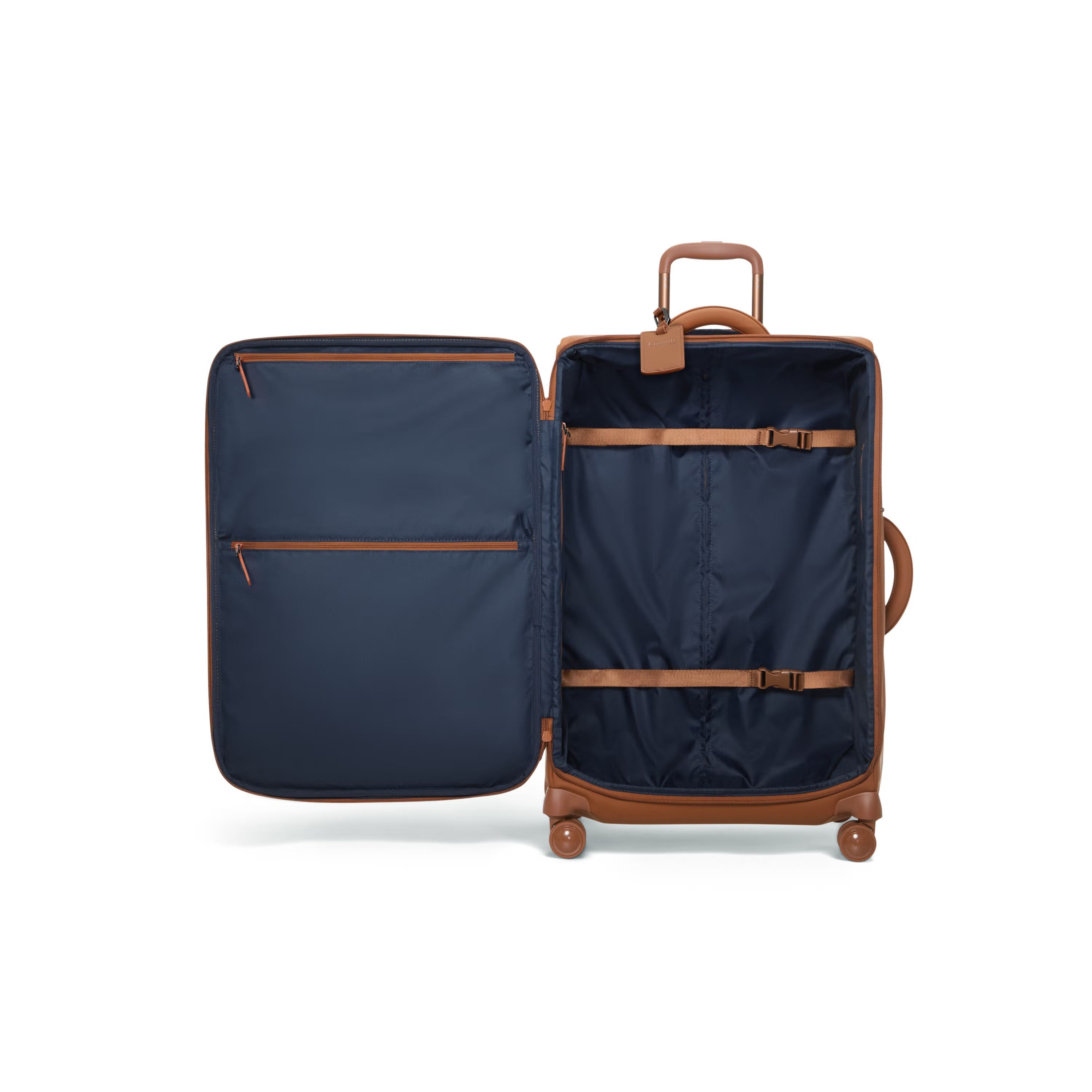 Tan Minimalist Long-Trip Spinner Suitcase with Integrated Lock and Padded Handles