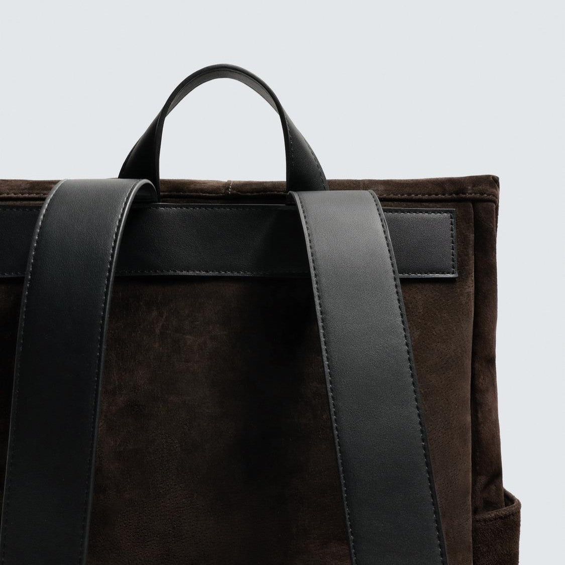 Dark Brown Suede Fold-Over Backpack with Device Sleeve and Contrast Straps