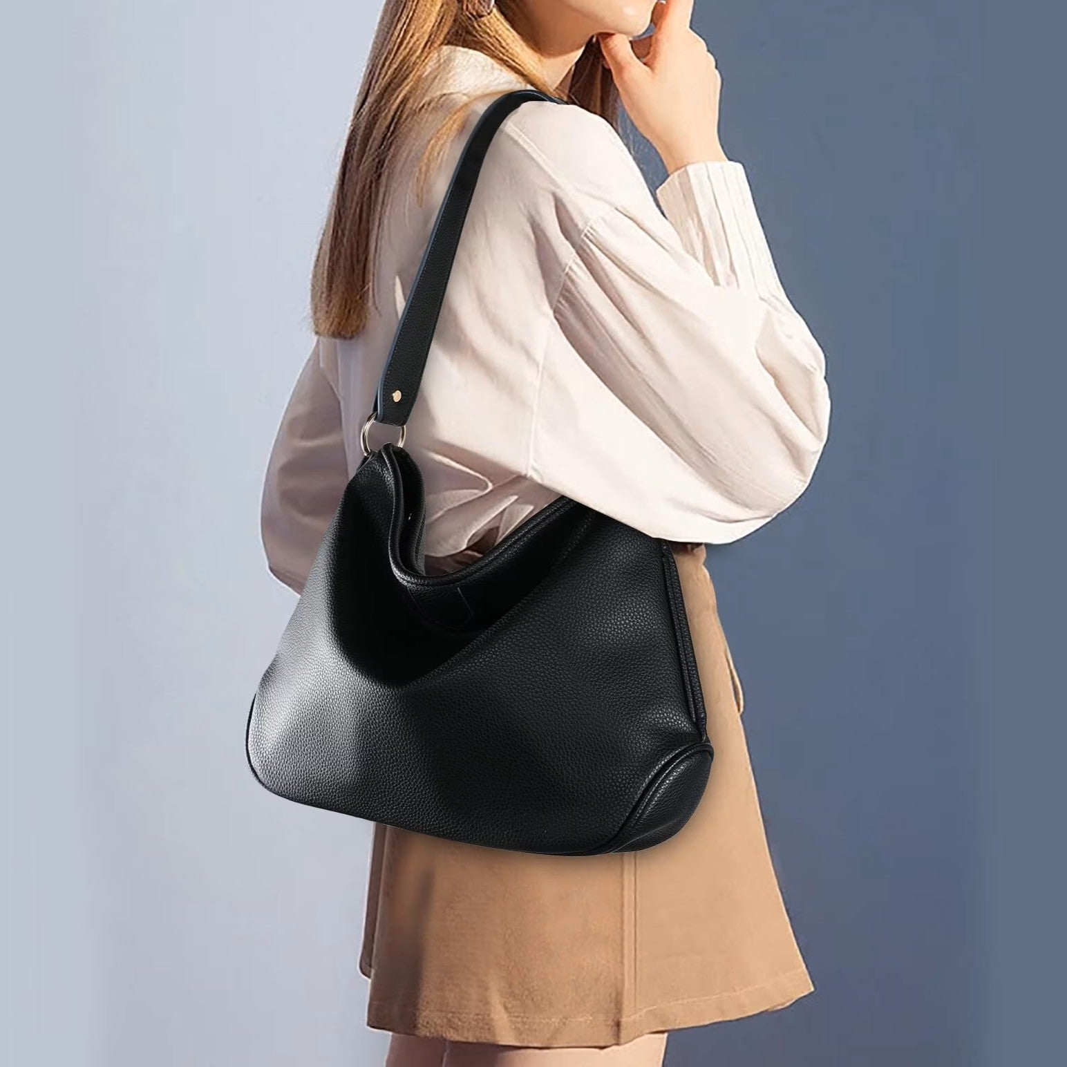Black Slouchy Hobo Bag Pebbled Texture and Wide Shoulder Strap
