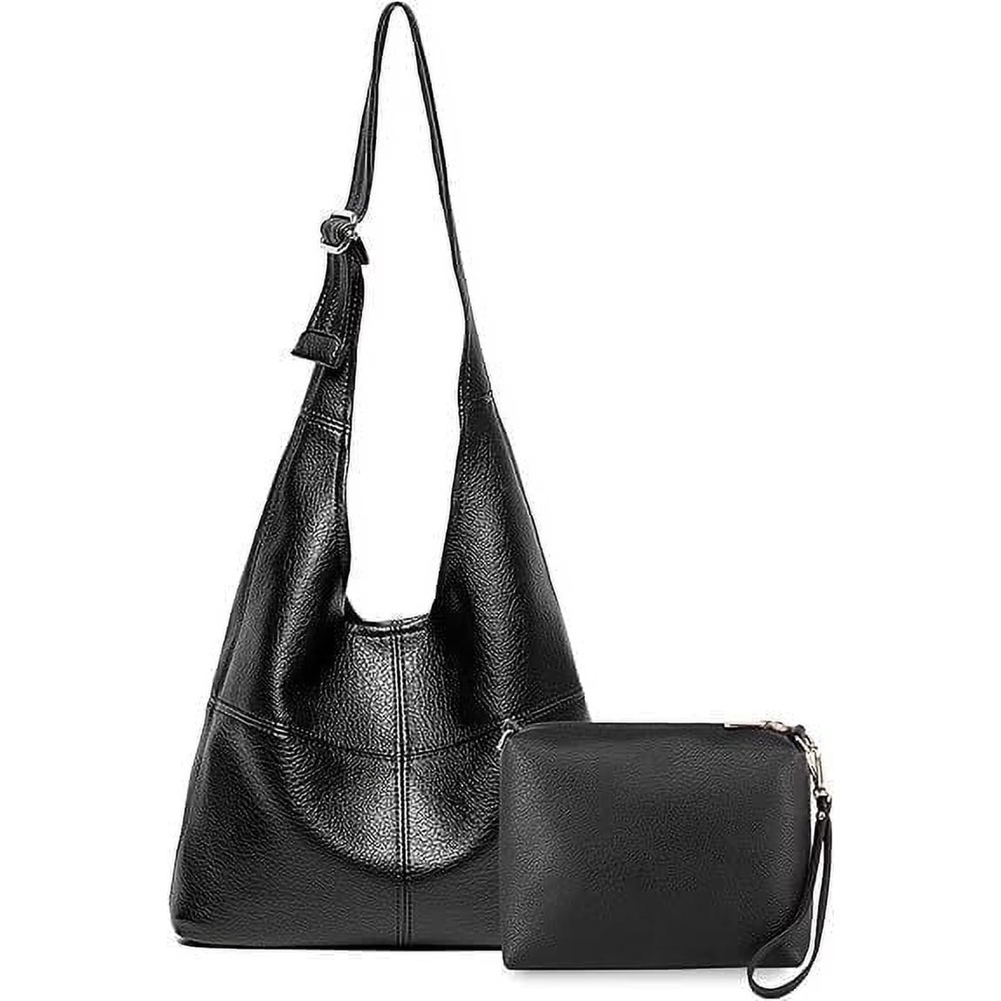 Black Slouchy Hobo Bag with Matching Wristlet Pouch and Adjustable Strap