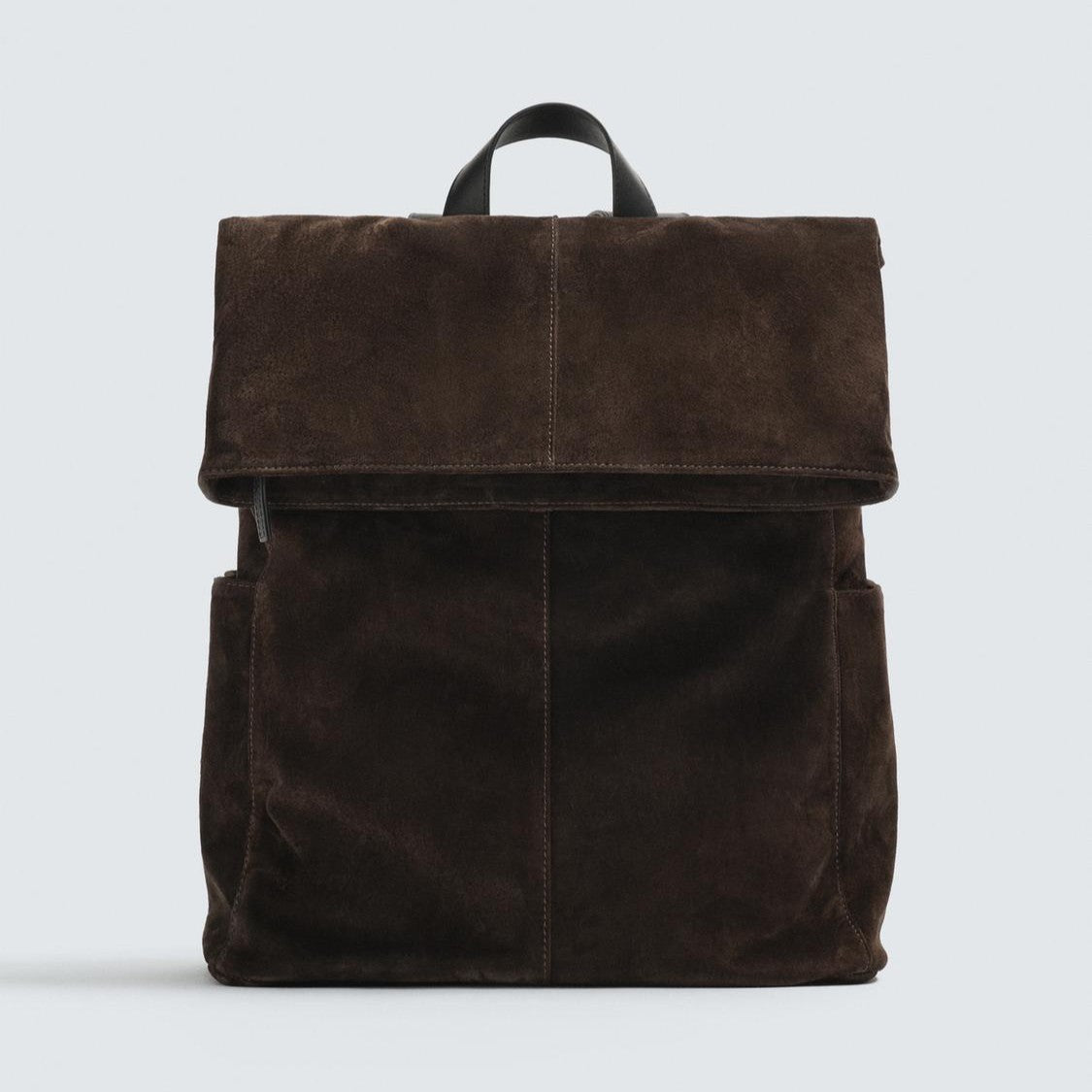 Dark Brown Suede Fold-Over Backpack with Device Sleeve and Contrast Straps