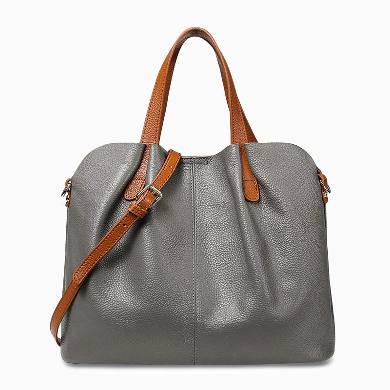 Gray Tan Contrast Medium Tote Bag Gathered Silhouette Dual Carry Options