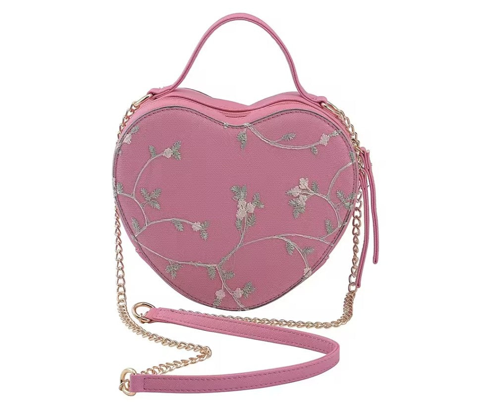 Pink Floral Embroidered Heart-Shaped Bag with Gold Chain Strap and Top Handle