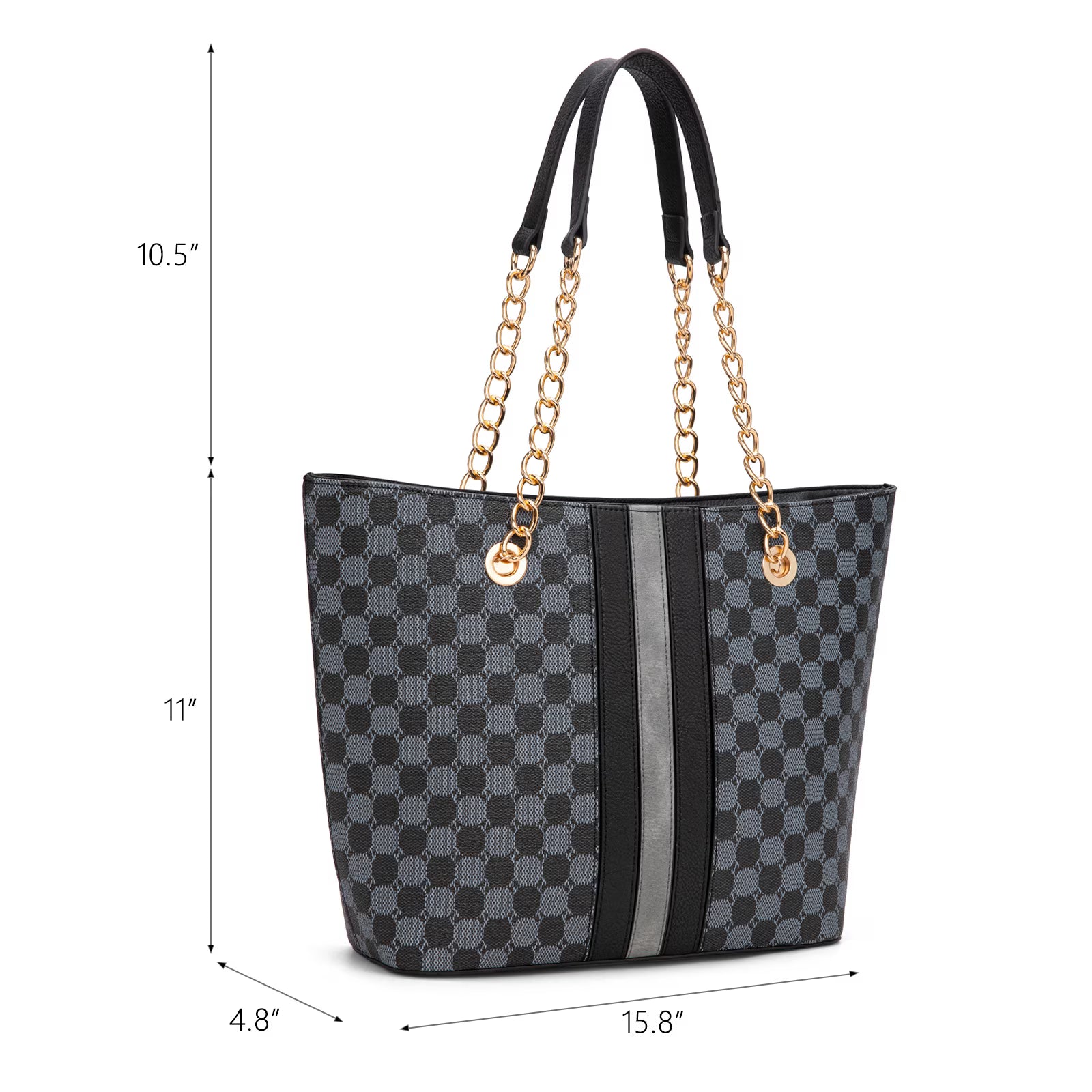Black & Gray Checkered Tote Bag with Gold Chain Handle and Vertical Stripes
