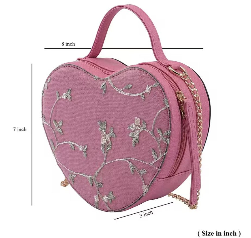 Pink Floral Embroidered Heart-Shaped Bag with Gold Chain Strap and Top Handle