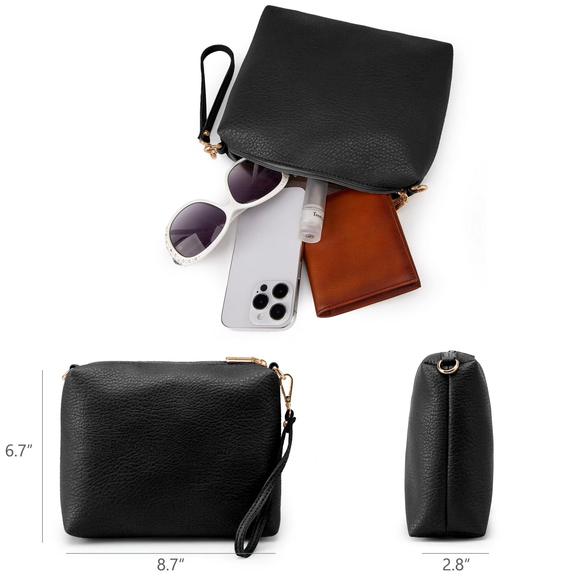 Black Slouchy Hobo Bag with Matching Wristlet Pouch and Adjustable Strap