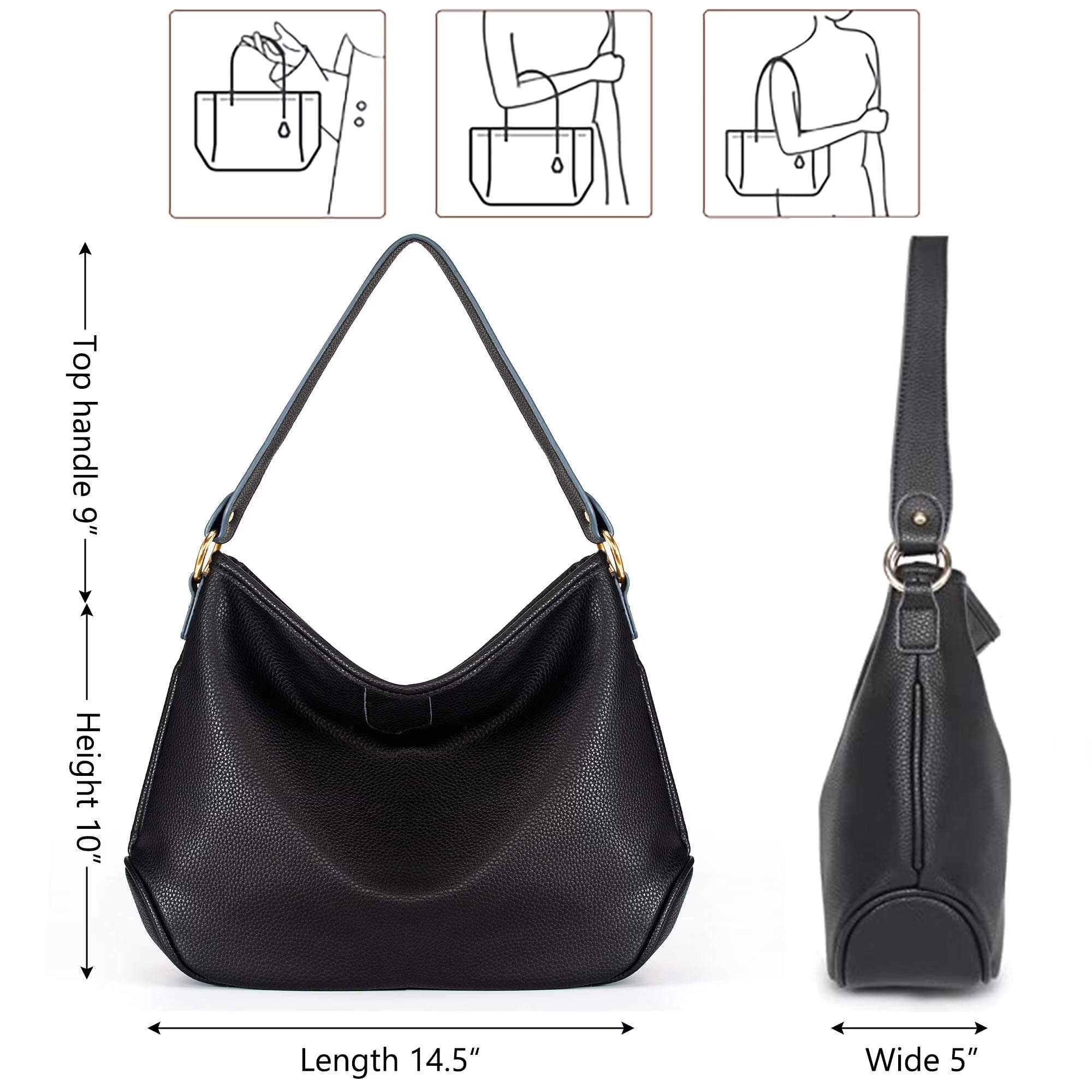 Black Slouchy Hobo Bag Pebbled Texture and Wide Shoulder Strap
