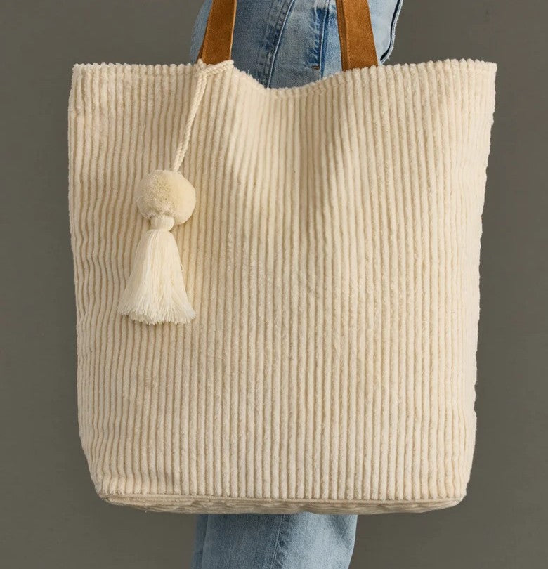Cream Beige Corduroy Tote Bag with Pom-Pom Tassel and Contrast Straps