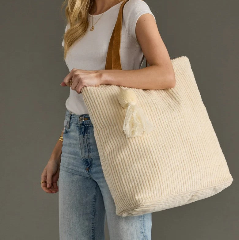 Cream Beige Corduroy Tote Bag with Pom-Pom Tassel and Contrast Straps