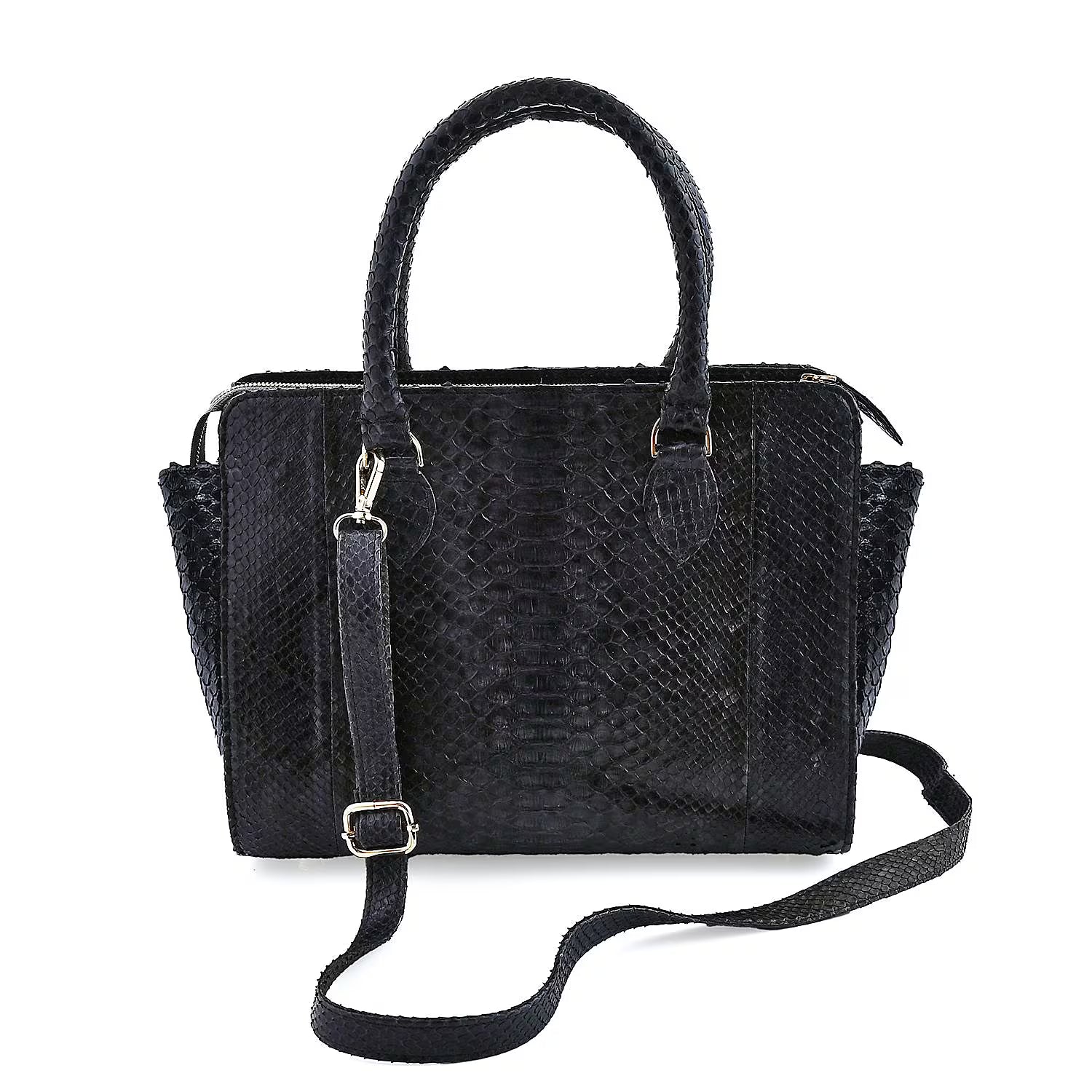 Black Embossed Textured Structured Tote Bag with Dual Handles and Adjustable Strap