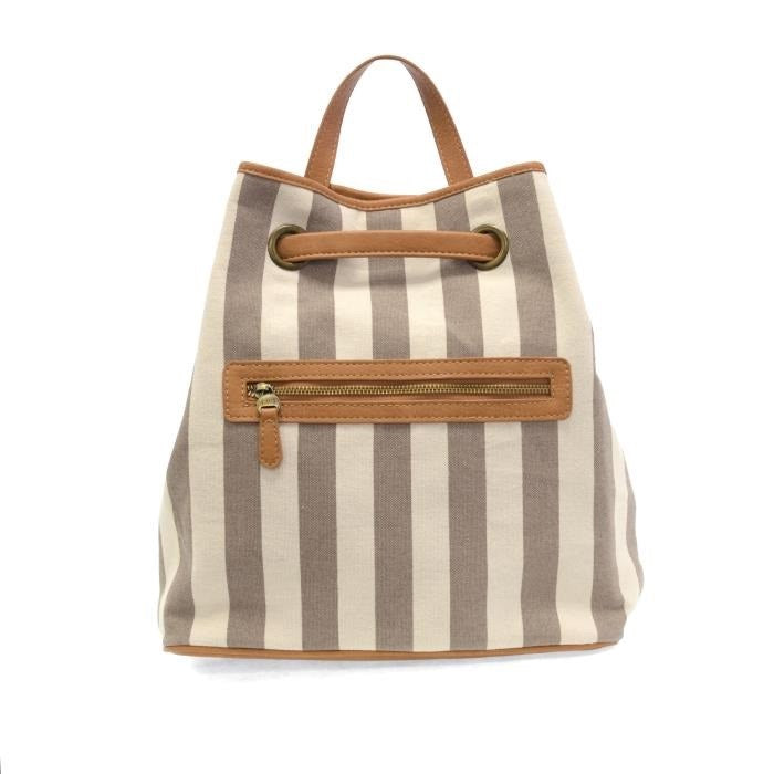 Taupe and Cream Striped Drawstring Backpack with Tan Accents and Multi-Pocket Storage