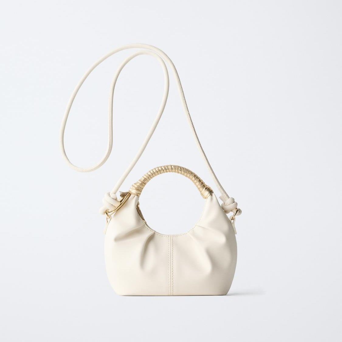 Cream Gathered Mini Bag with Metallic-Wrapped Handle and Detachable Strap
