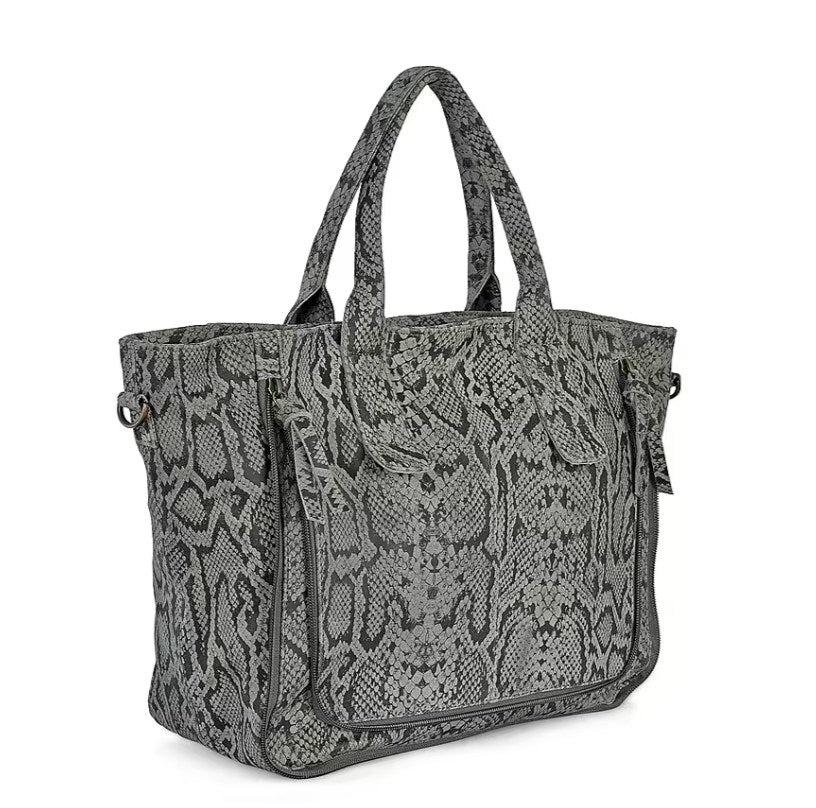 Gray Python-Print Expandable Tote Bag with Adjustable Strap