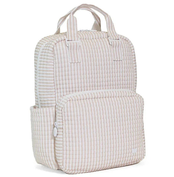 Beige and White Quilted Striped Backpack with Multiple Pockets and Adjustable Straps