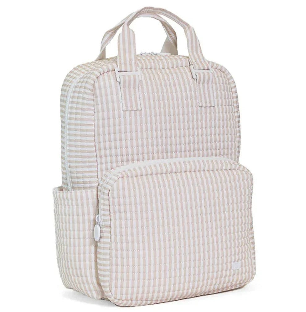 Beige and White Quilted Striped Backpack with Multiple Pockets and Adjustable Straps