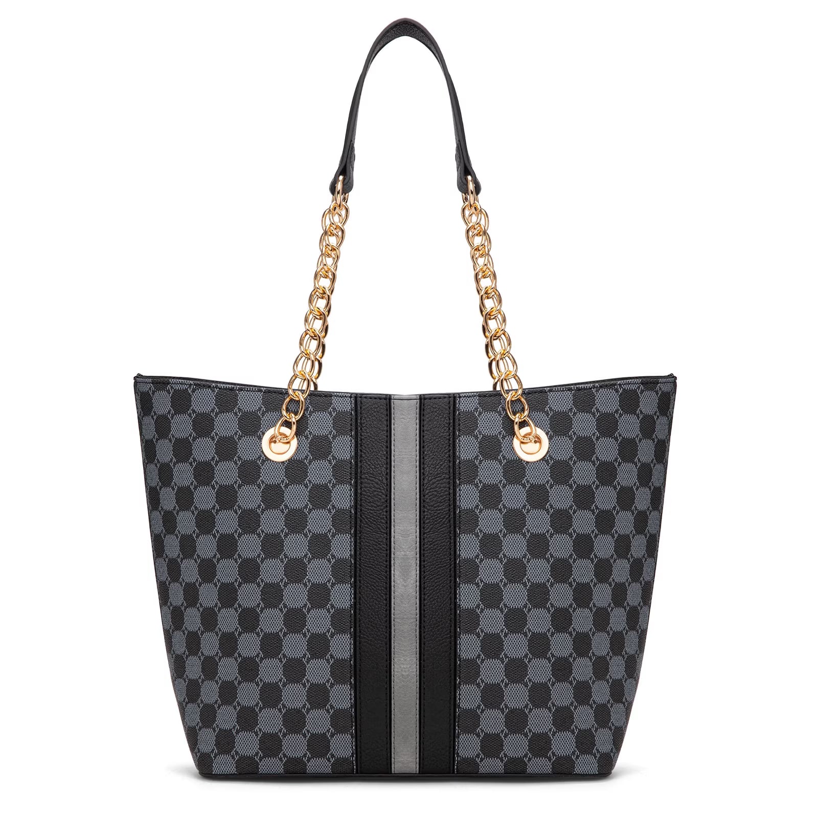 Black & Gray Checkered Tote Bag with Gold Chain Handle and Vertical Stripes