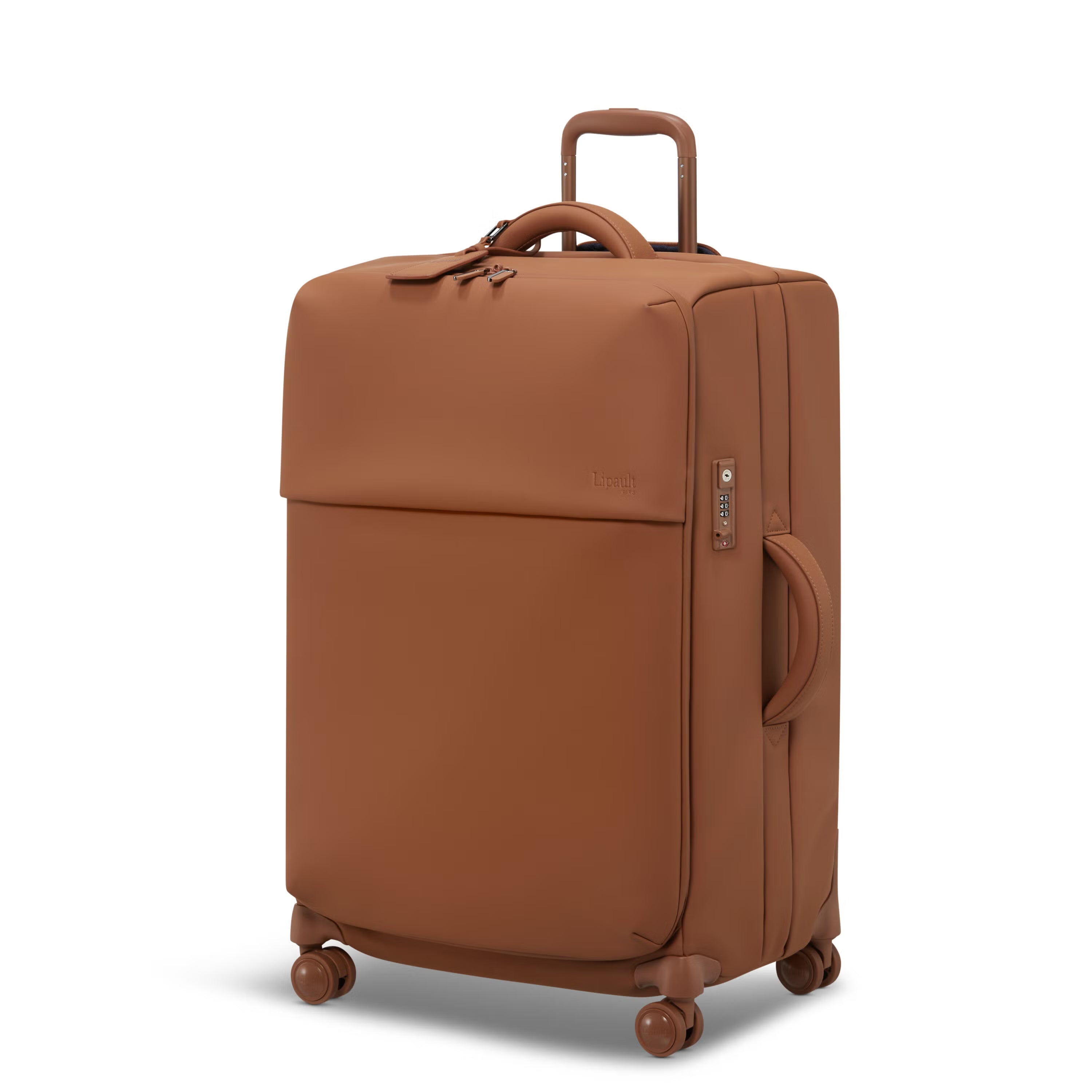 Tan Minimalist Long-Trip Spinner Suitcase with Integrated Lock and Padded Handles